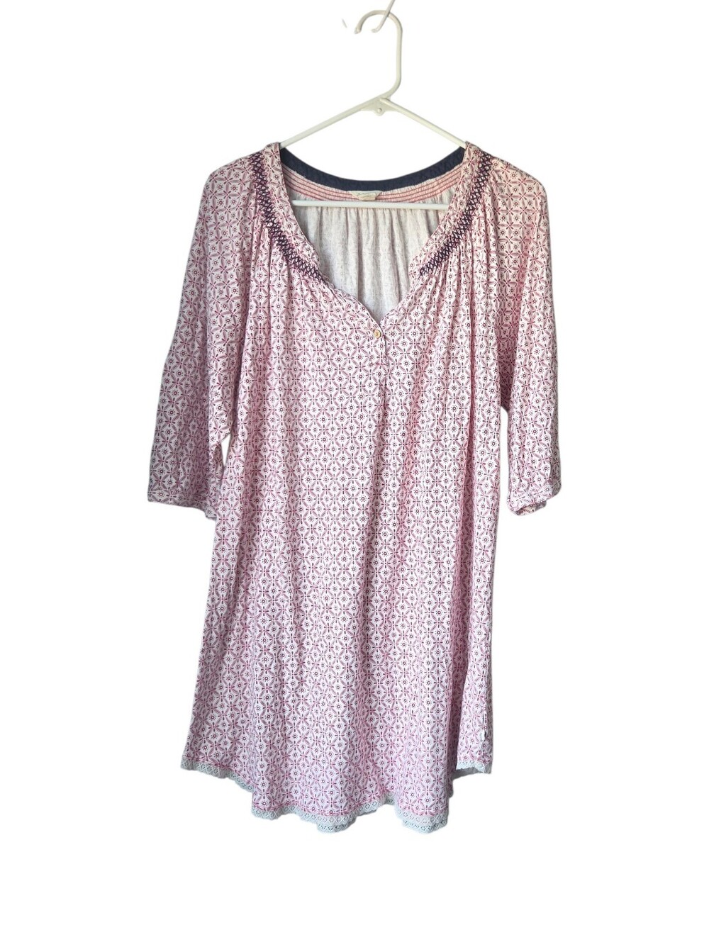 Lucky Brand Boho Tunic Top XL Red Geo Print Lace Trim Longline Cottagecore